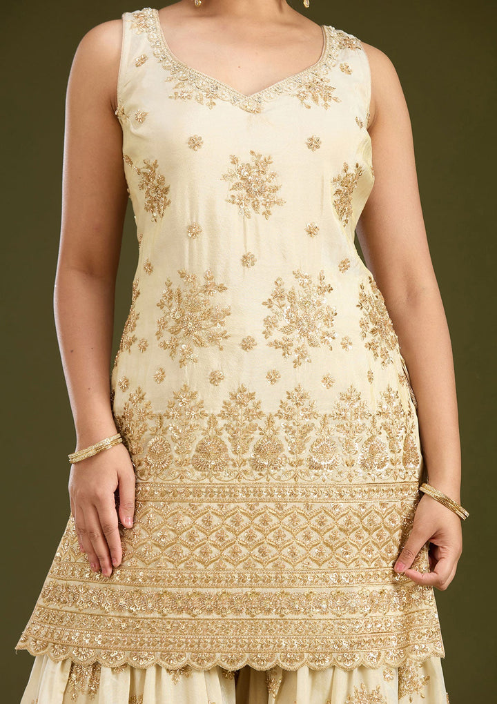 Cream Zariwork (Gold) Tissue Readymade Salwar Suit