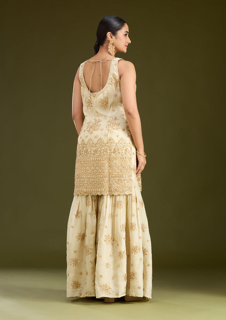 Cream Zariwork (Gold) Tissue Readymade Salwar Suit