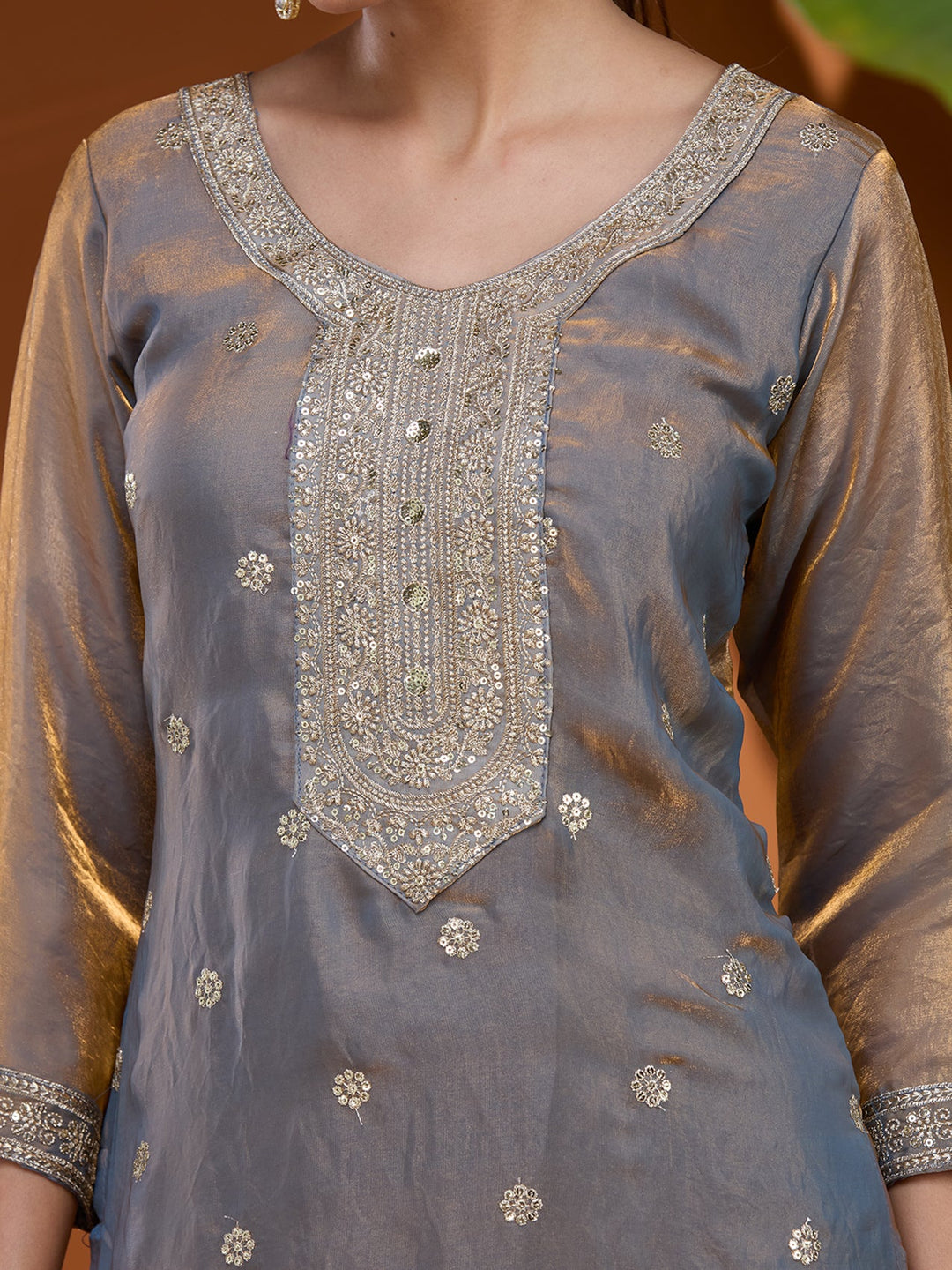Grey Sequins Soft Raw Silk Readymade Salwar Suit