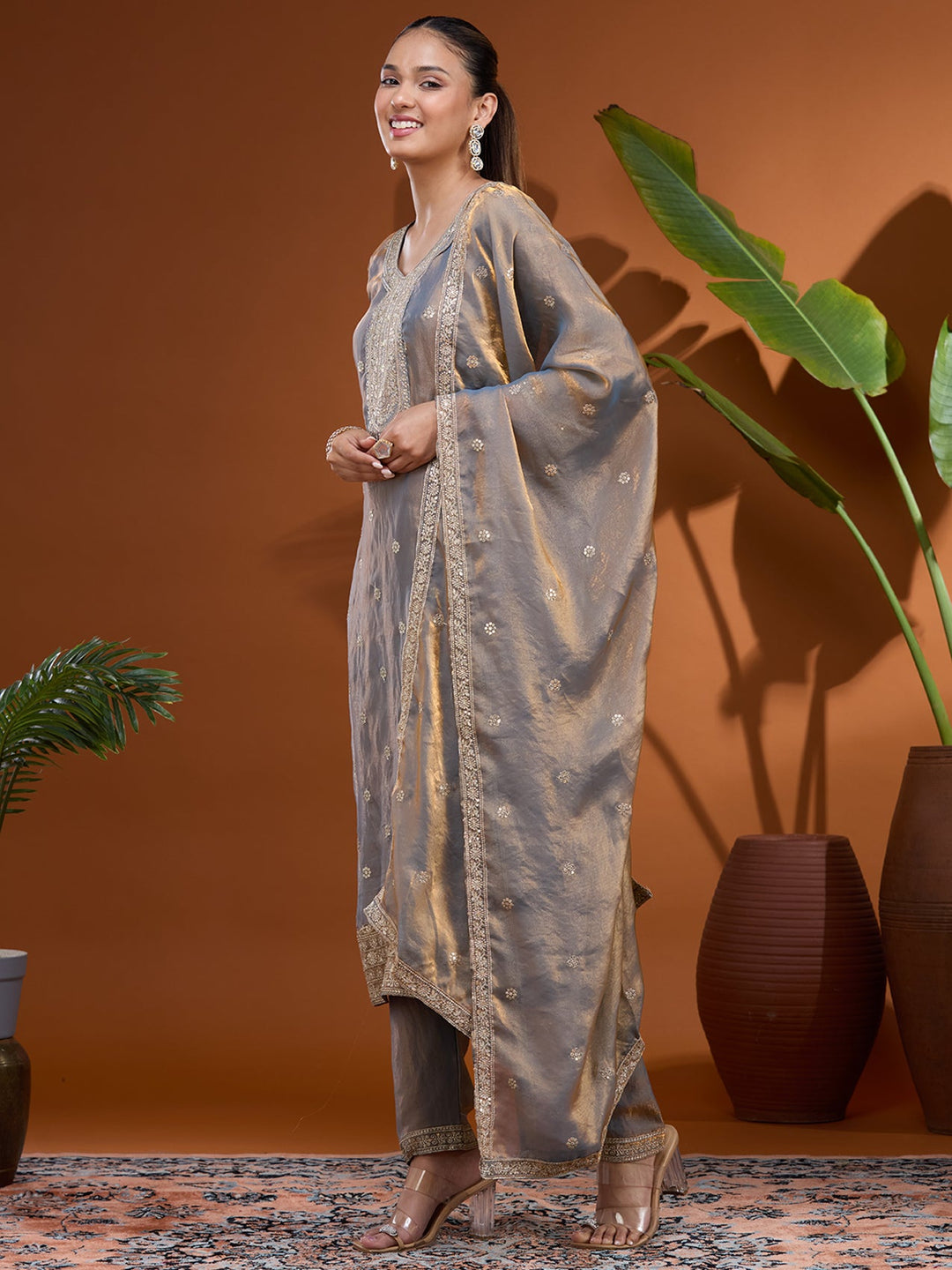 Grey Sequins Soft Raw Silk Readymade Salwar Suit