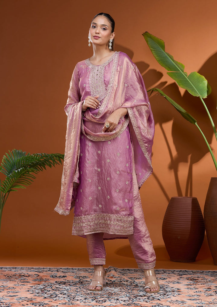Onion Pink Zariwork (Gold) Tissue Readymade Salwar Suit
