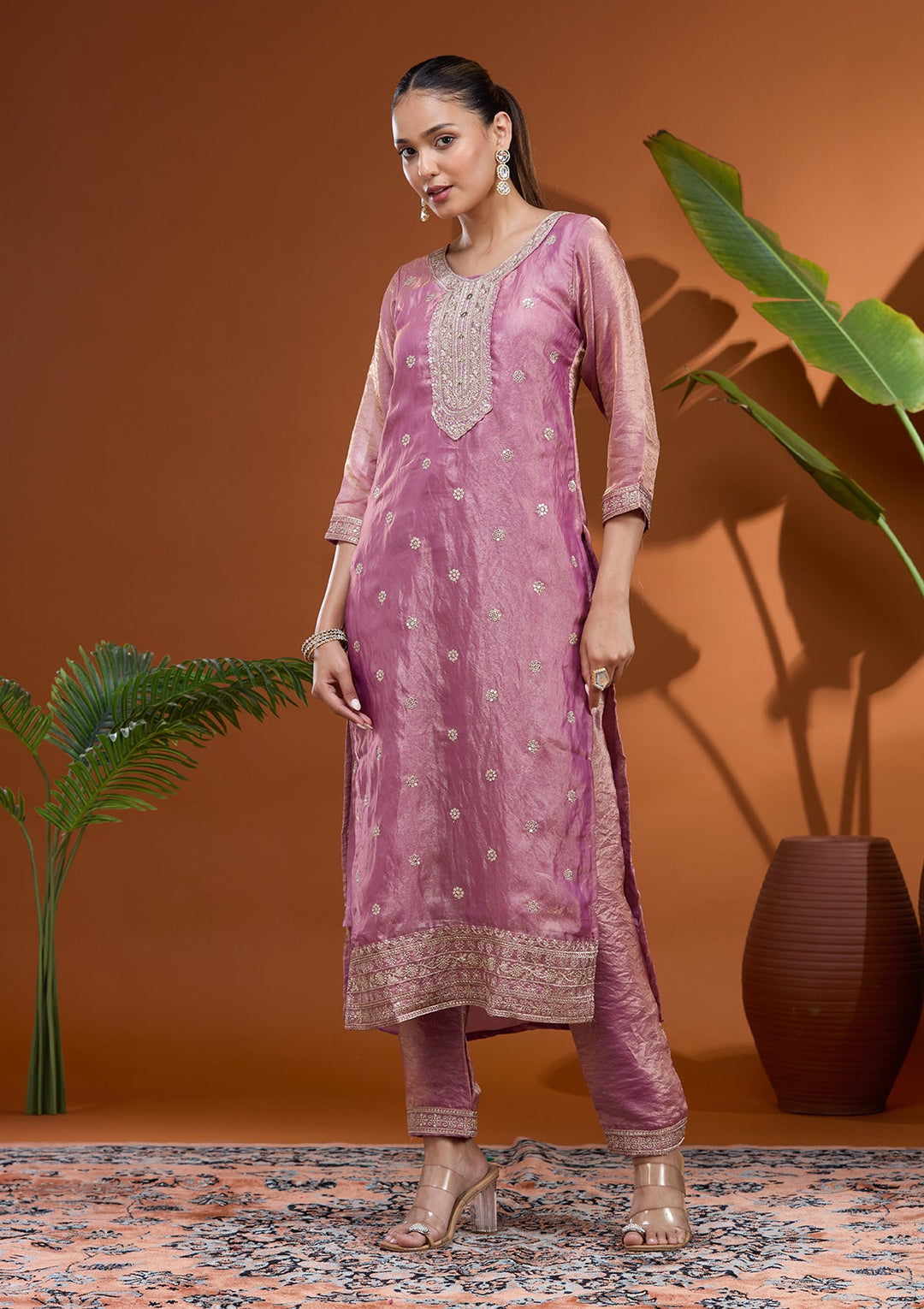 Onion Pink Zariwork (Gold) Tissue Readymade Salwar Suit