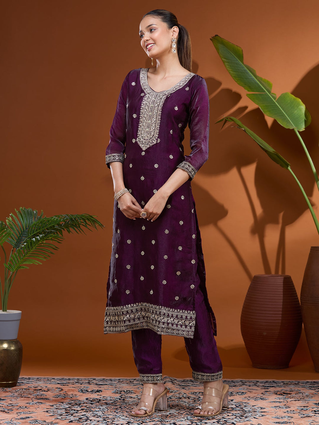 Purple Sequins Soft Raw Silk Readymade Salwar Suit
