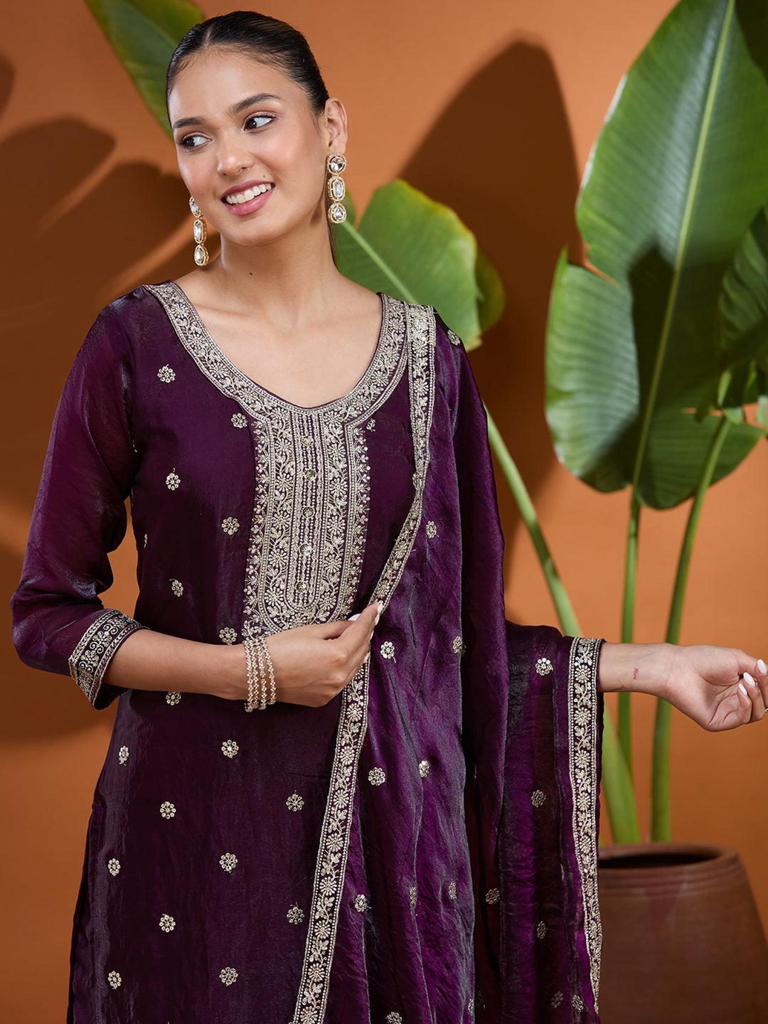 Purple Sequins Soft Raw Silk Readymade Salwar Suit