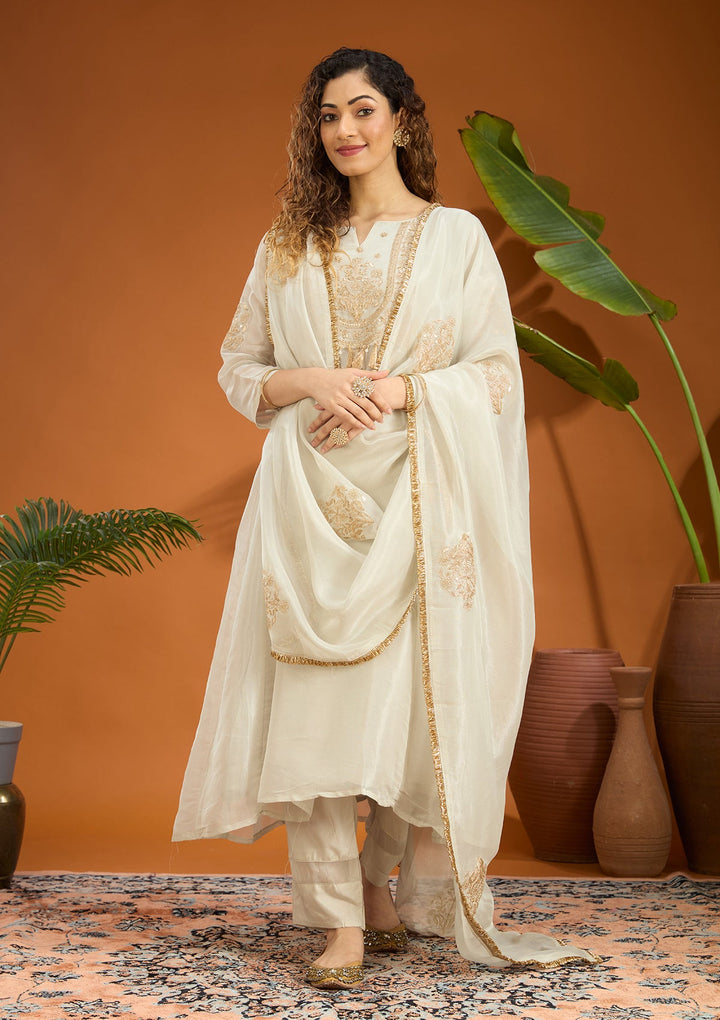 Off White Threadwork Chanderi Readymade Salwar Suit
