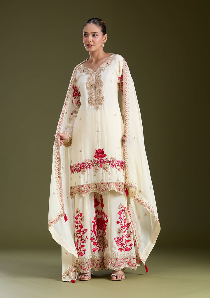 Off White Zariwork (Gold) Crepe Readymade Salwar Suit