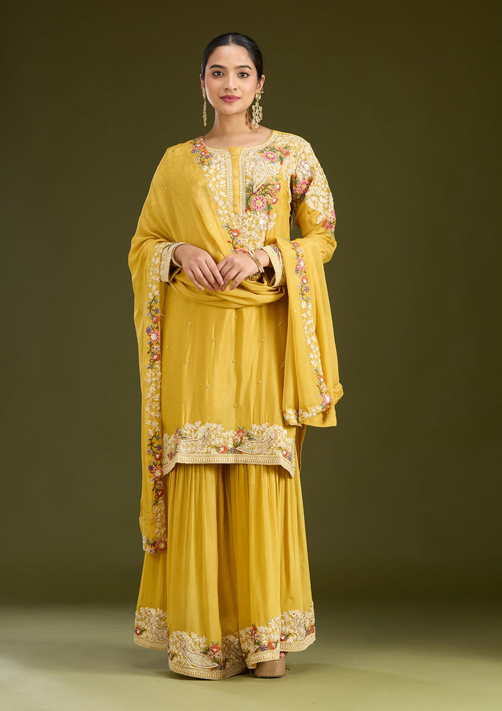 Mustard Yellow Silver Zariwork Crepe Readymade Salwar Suit