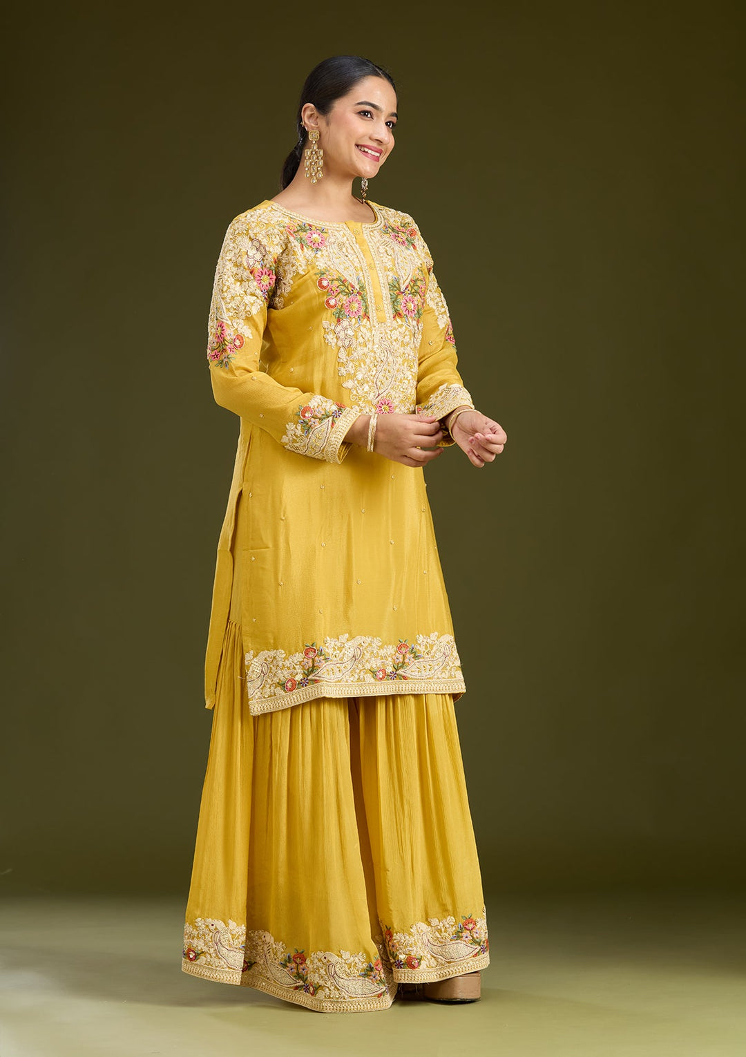 Mustard Yellow Silver Zariwork Crepe Readymade Salwar Suit