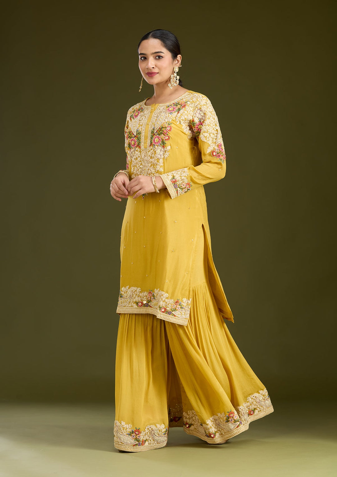 Mustard Yellow Silver Zariwork Crepe Readymade Salwar Suit
