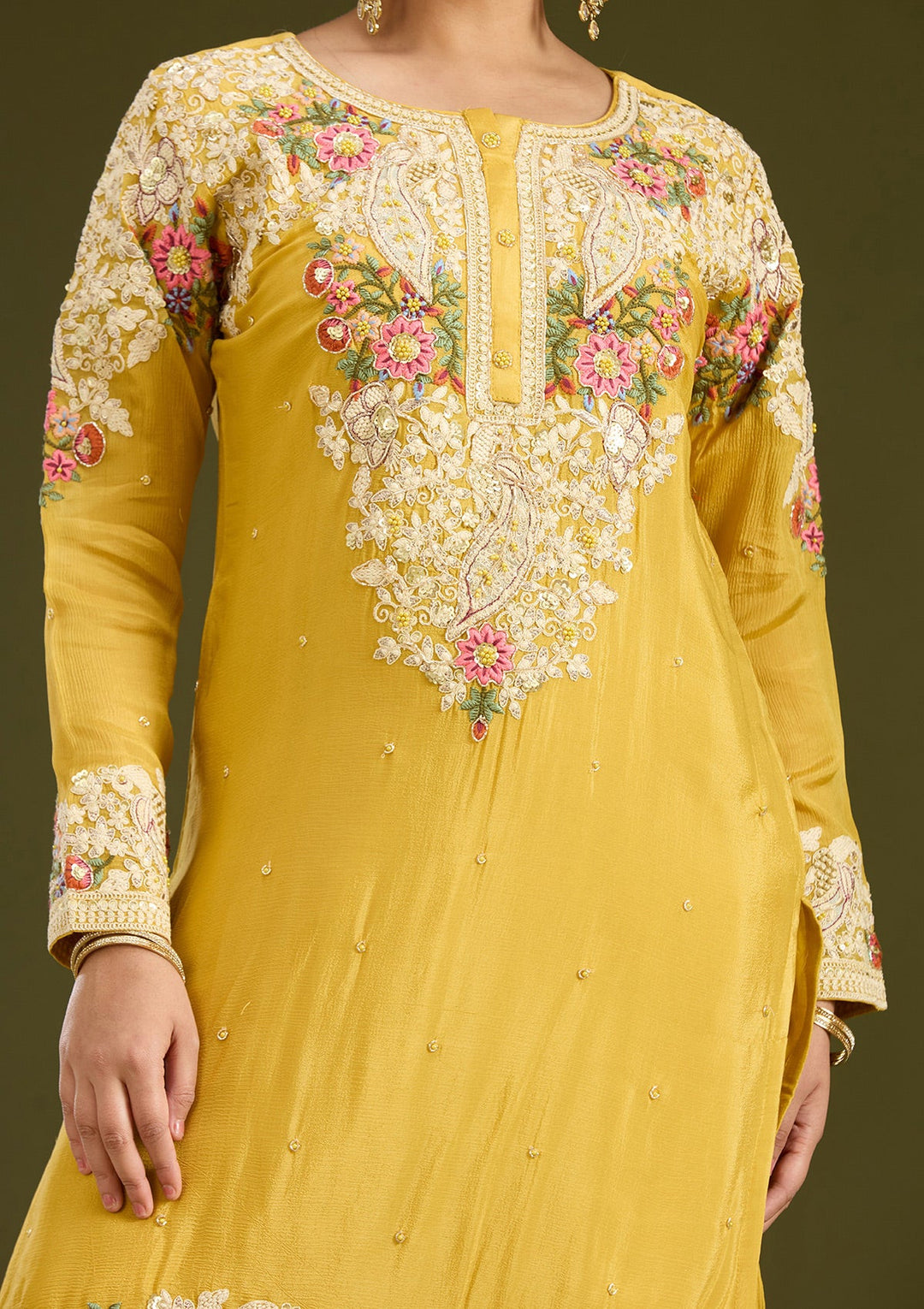 Mustard Yellow Silver Zariwork Crepe Readymade Salwar Suit