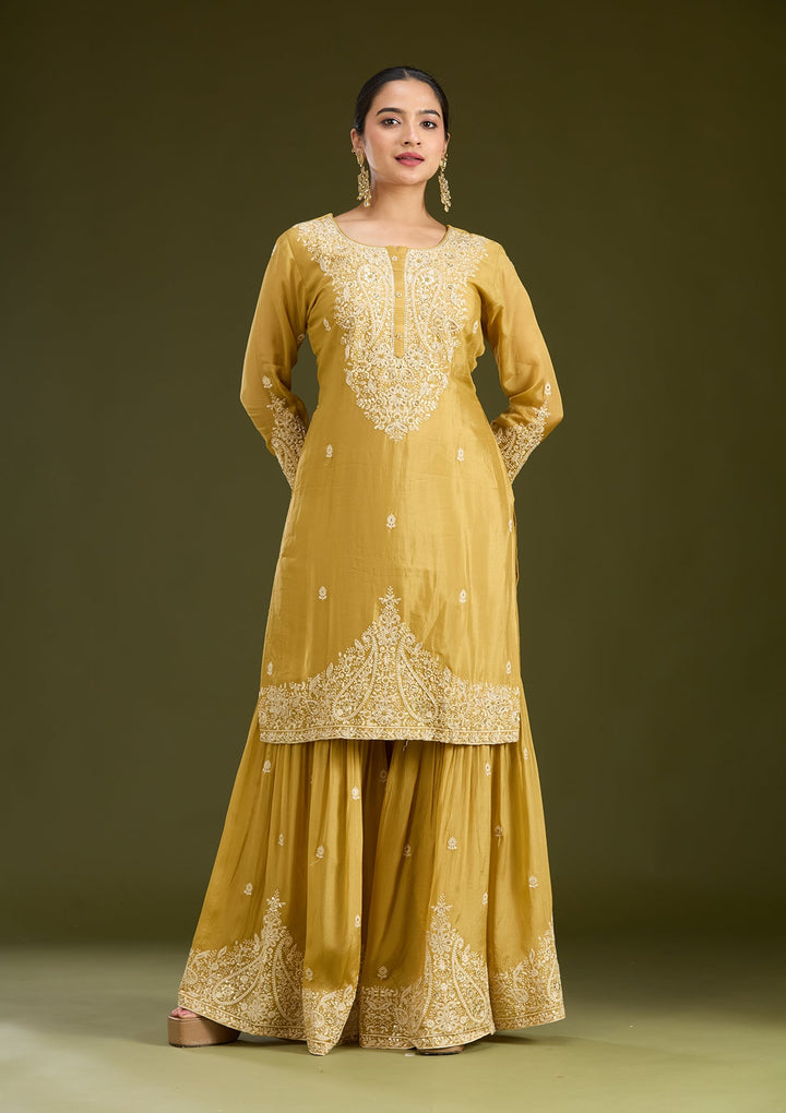 Mustard Yellow Mirrorwork Soft Raw Silk Readymade Salwar Suit