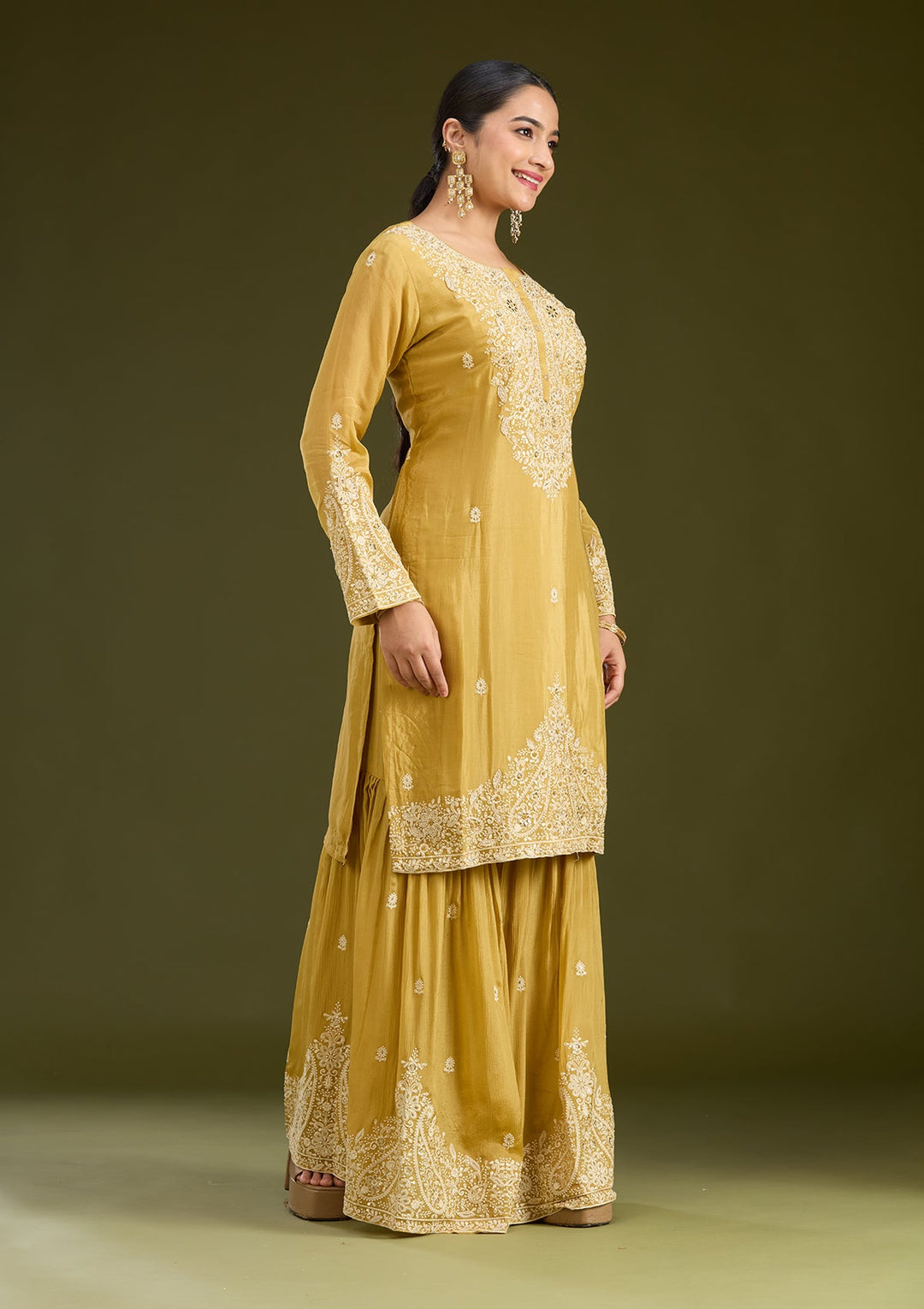 Mustard Yellow Mirrorwork Soft Raw Silk Readymade Salwar Suit