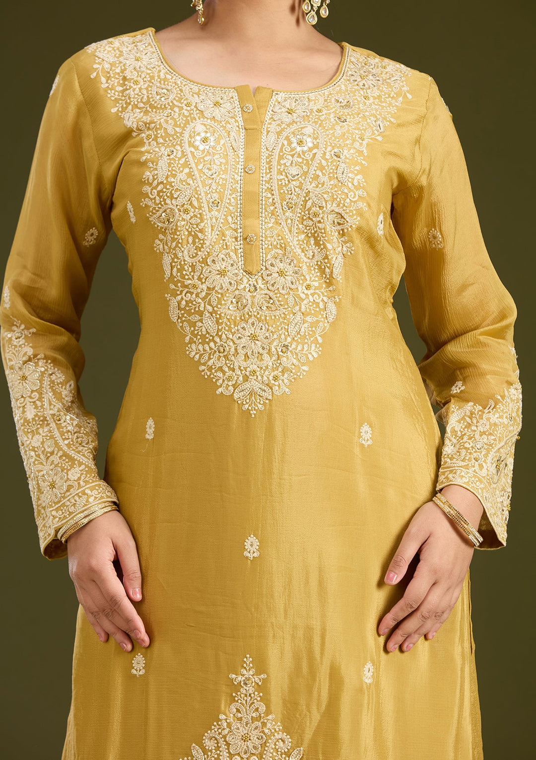 Mustard Yellow Mirrorwork Soft Raw Silk Readymade Salwar Suit