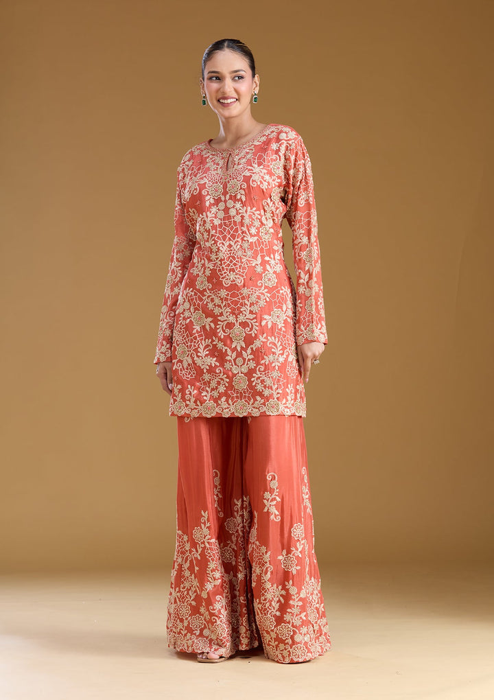 Rust Zariwork (Silver) Crepe Readymade Salwar Suit