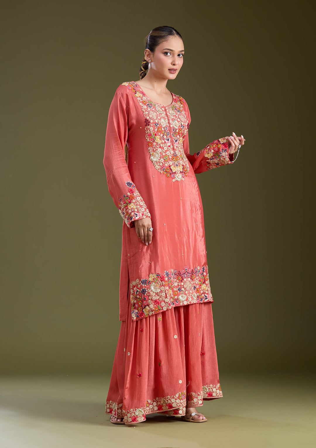 Rust Threadwork Crepe Readymade Salwar Suit