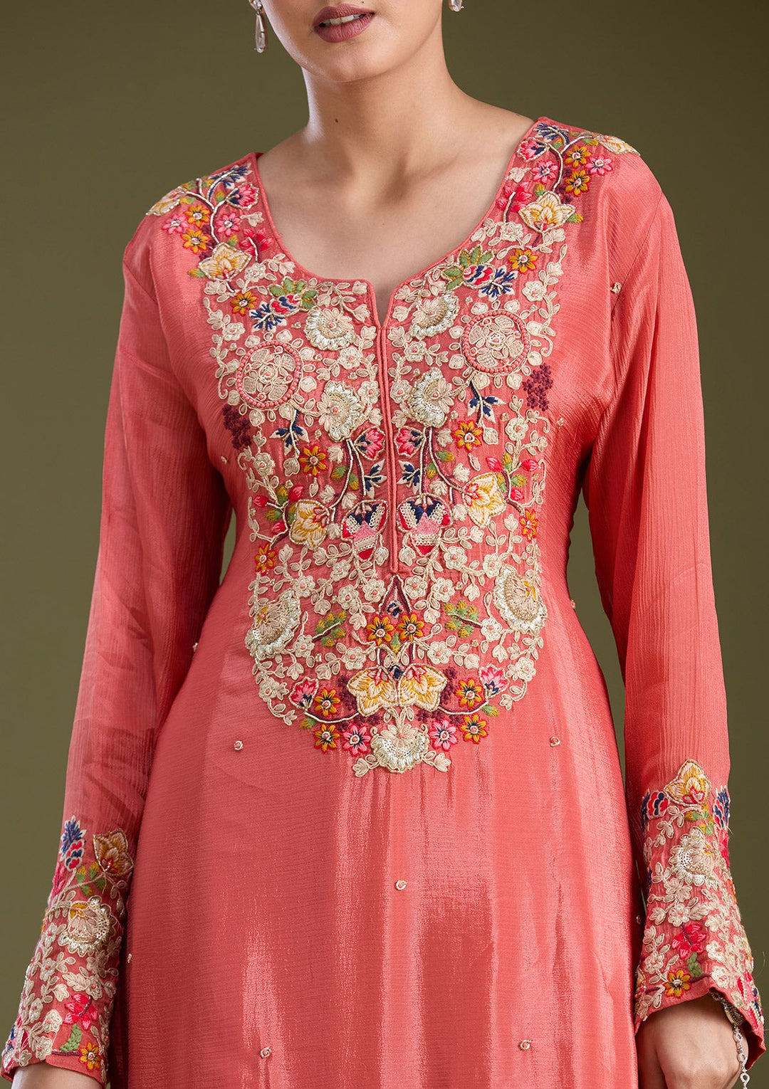 Rust Threadwork Crepe Readymade Salwar Suit