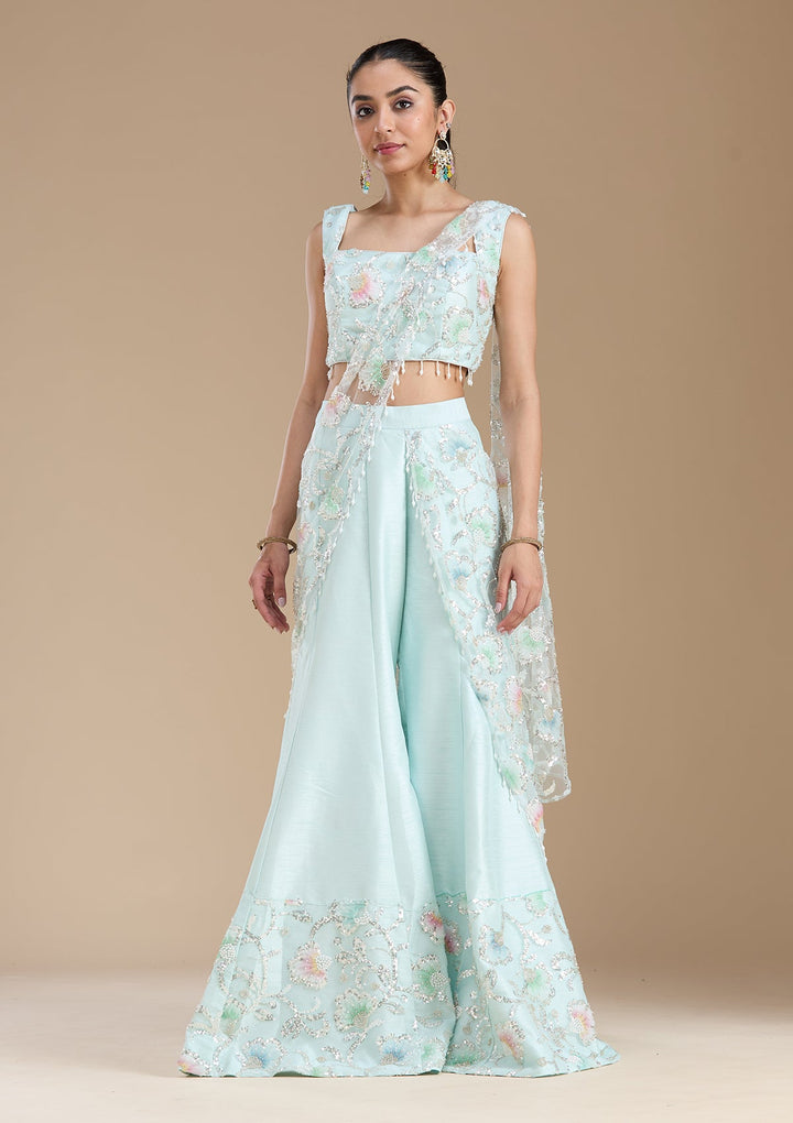 Sky Blue Sequins Soft Raw Silk Readymade Salwar Suit-koskii