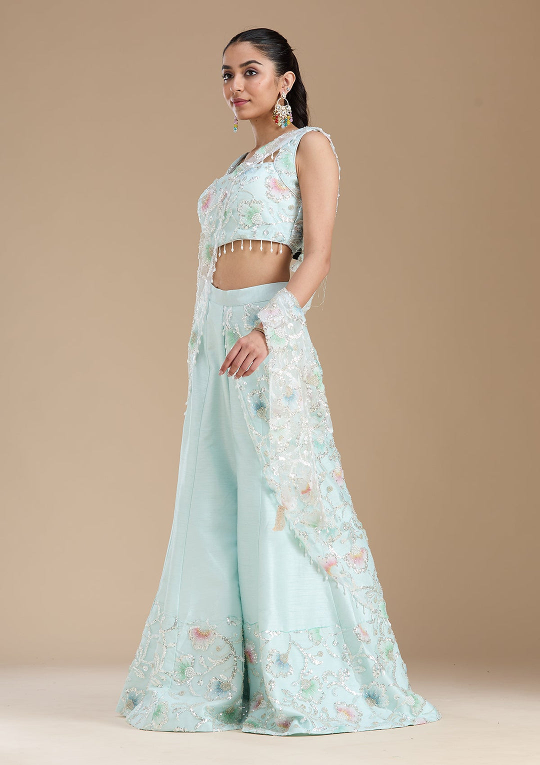 Sky Blue Sequins Soft Raw Silk Readymade Salwar Suit-koskii
