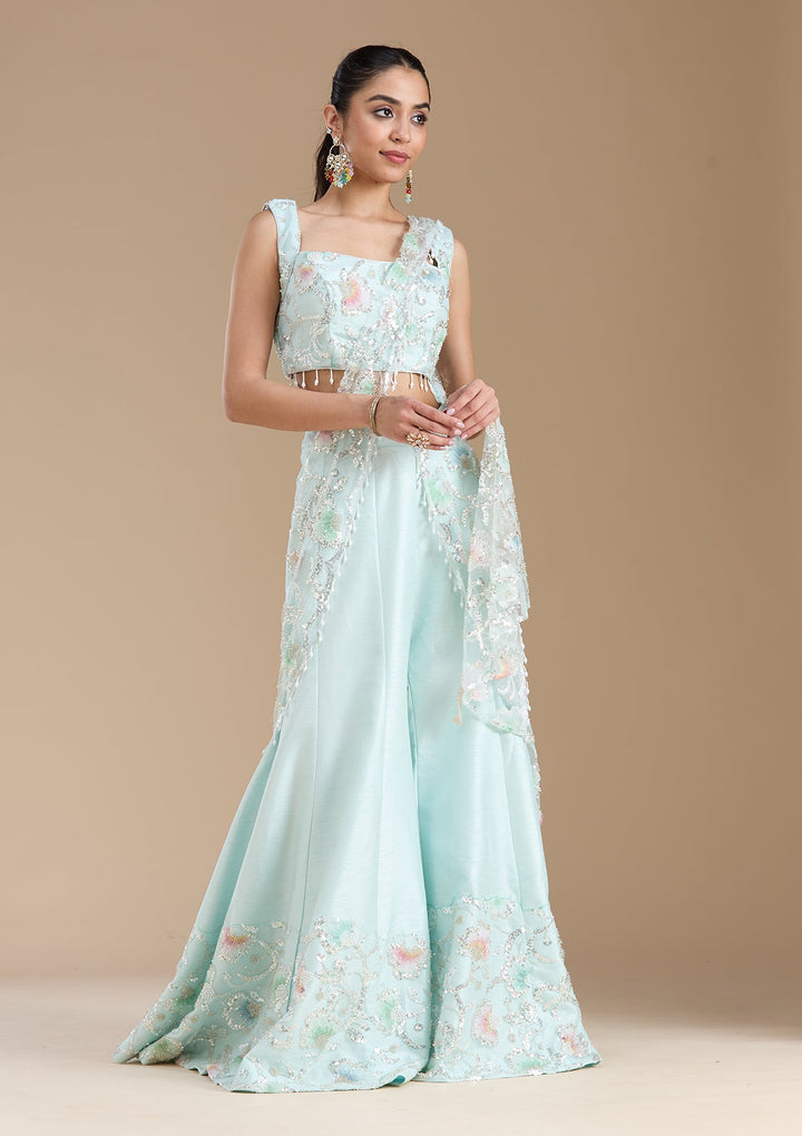 Sky Blue Sequins Soft Raw Silk Readymade Salwar Suit-koskii