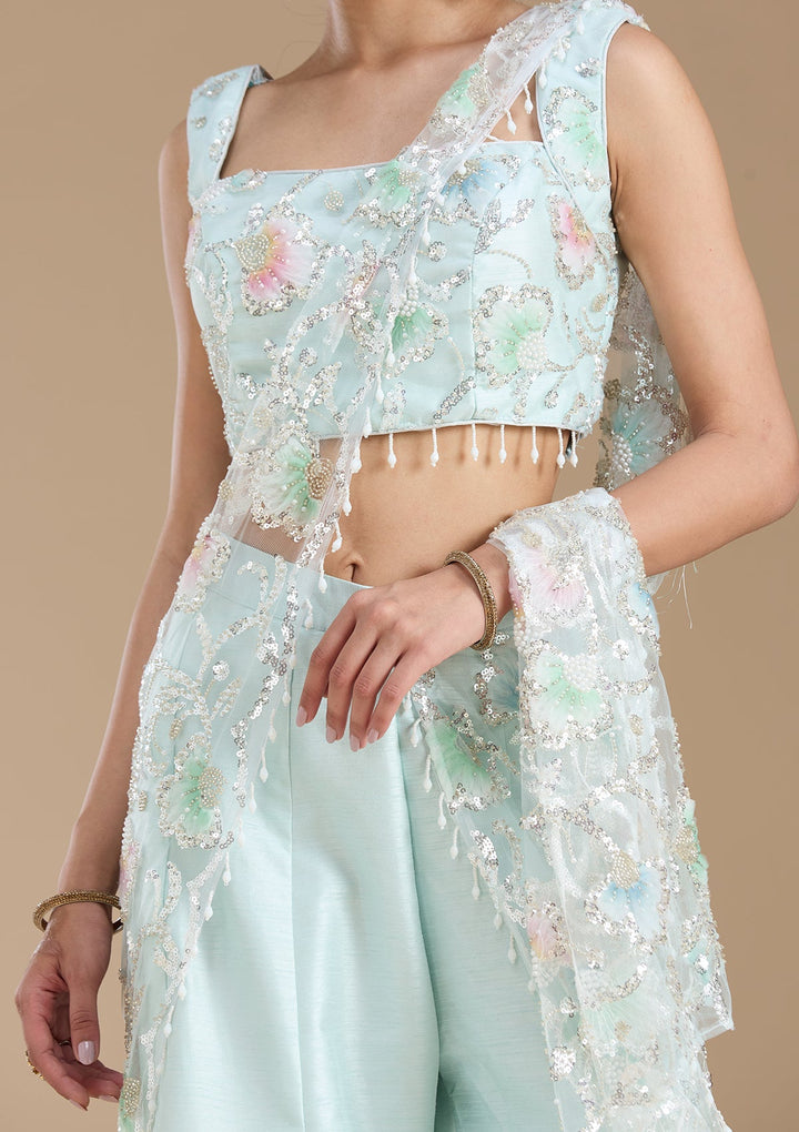 Sky Blue Sequins Soft Raw Silk Readymade Salwar Suit-koskii