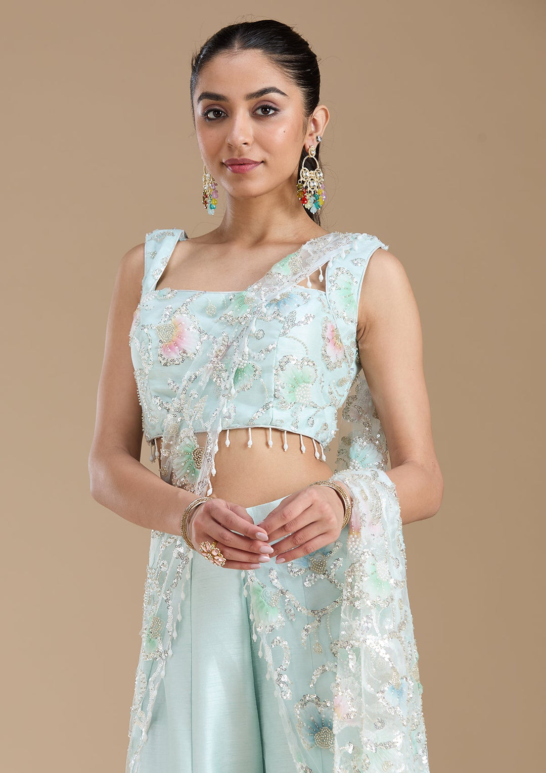 Sky Blue Sequins Soft Raw Silk Readymade Salwar Suit-koskii