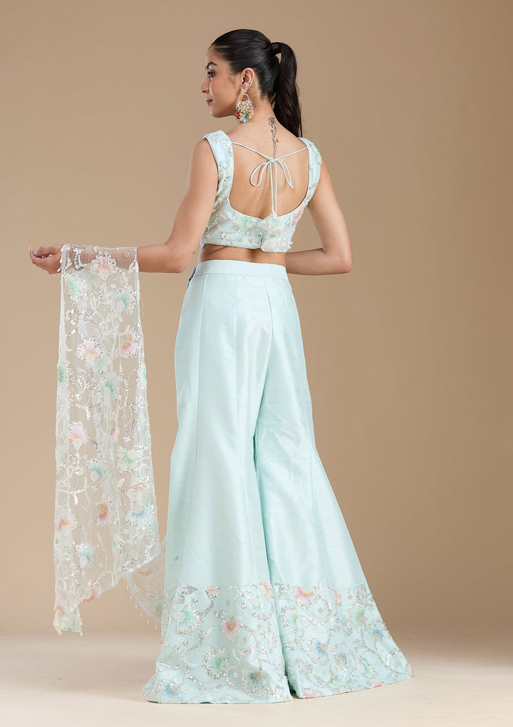 Sky Blue Sequins Soft Raw Silk Readymade Salwar Suit-koskii