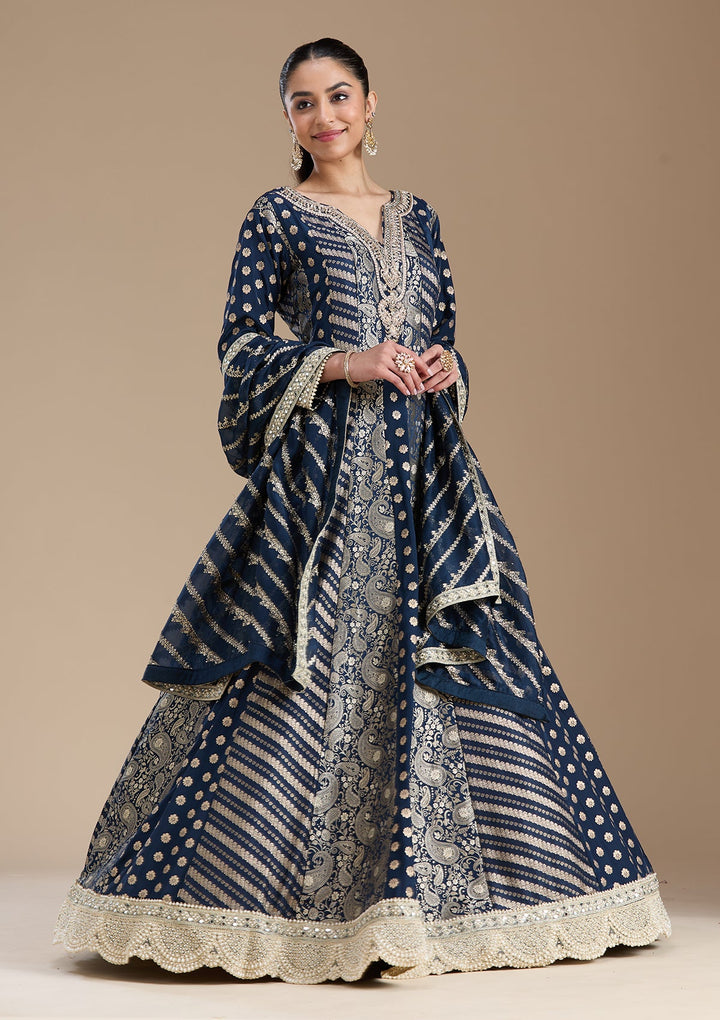 Navy Blue Zariwork Brocade Readymade Salwar Suit-koskii