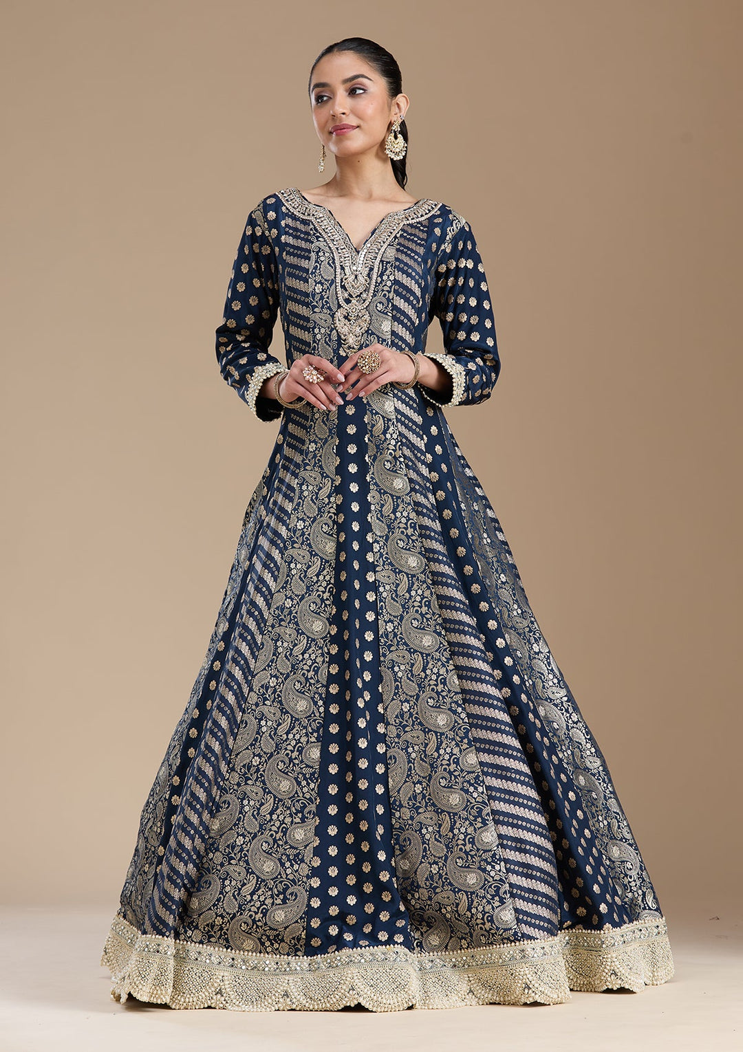 Navy Blue Zariwork Brocade Readymade Salwar Suit-koskii