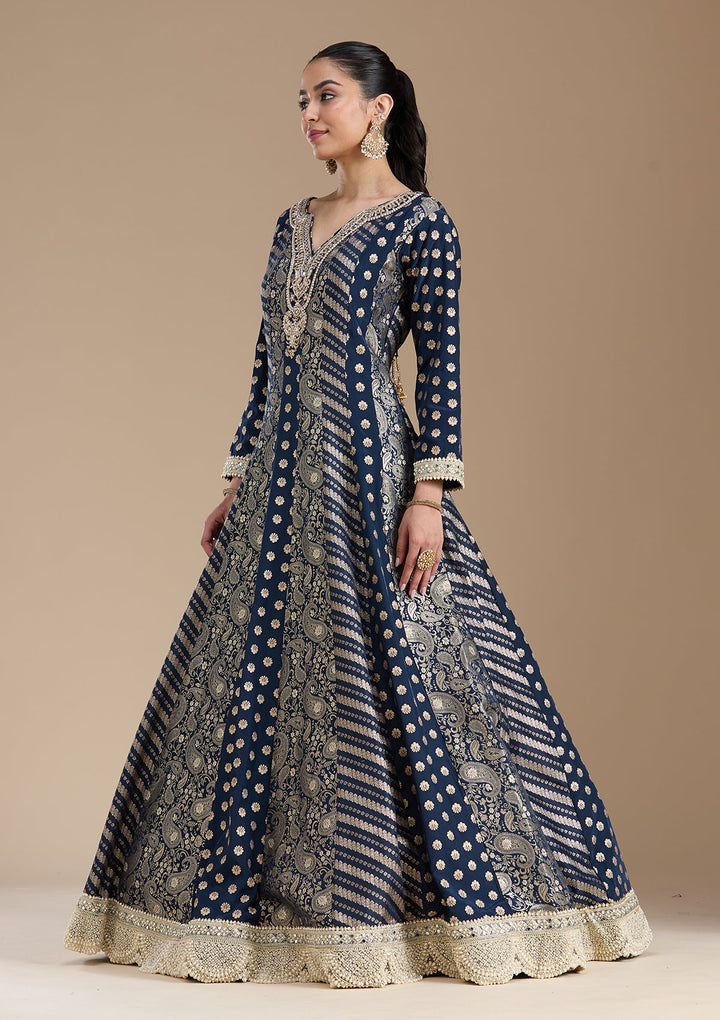 Navy Blue Zariwork Brocade Readymade Salwar Suit-koskii