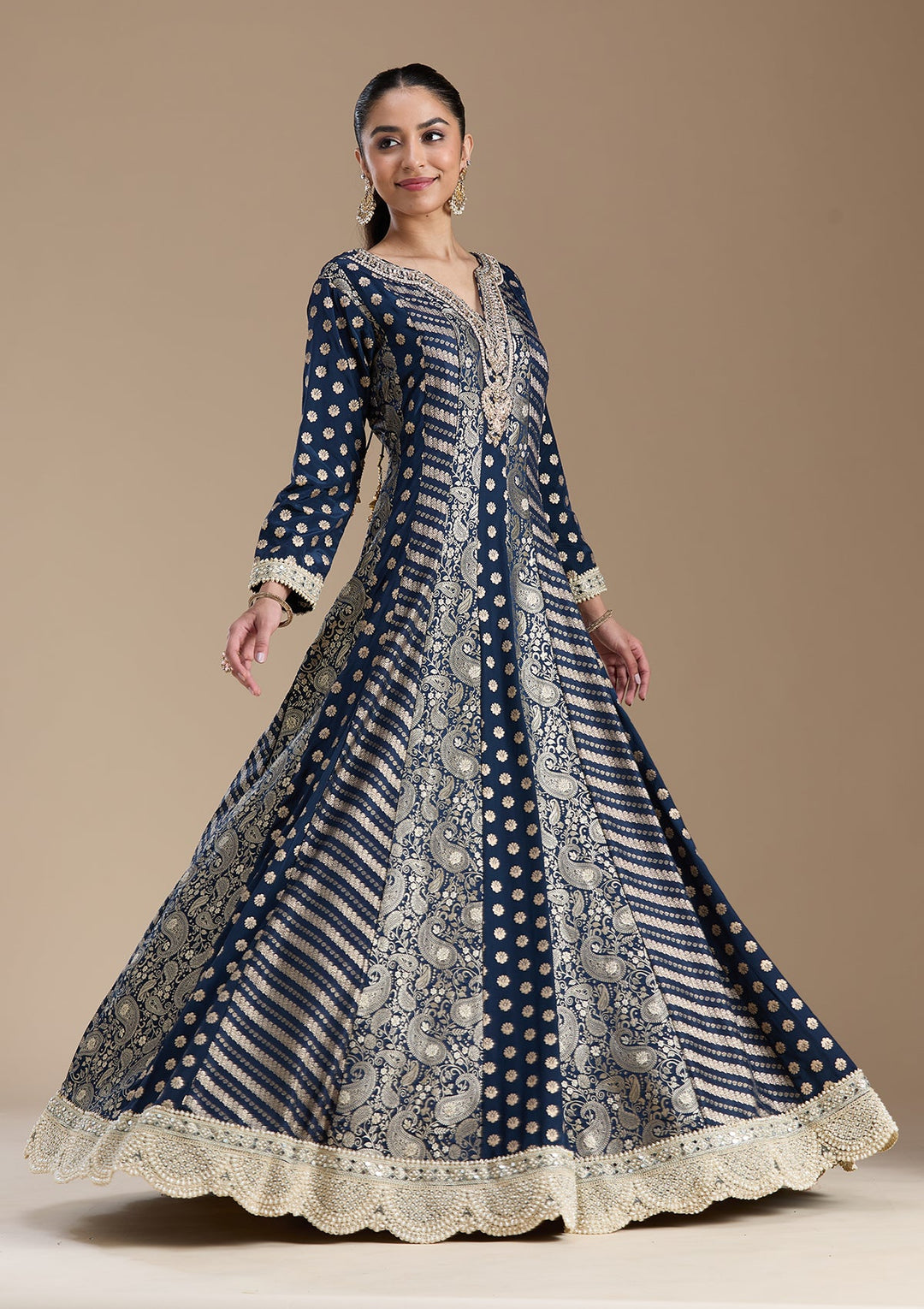 Navy Blue Zariwork Brocade Readymade Salwar Suit-koskii