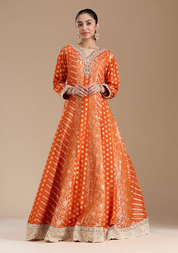 Orange Zariwork Brocade Readymade Salwar Suit-koskii