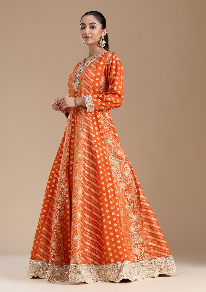 Orange Zariwork Brocade Readymade Salwar Suit-koskii