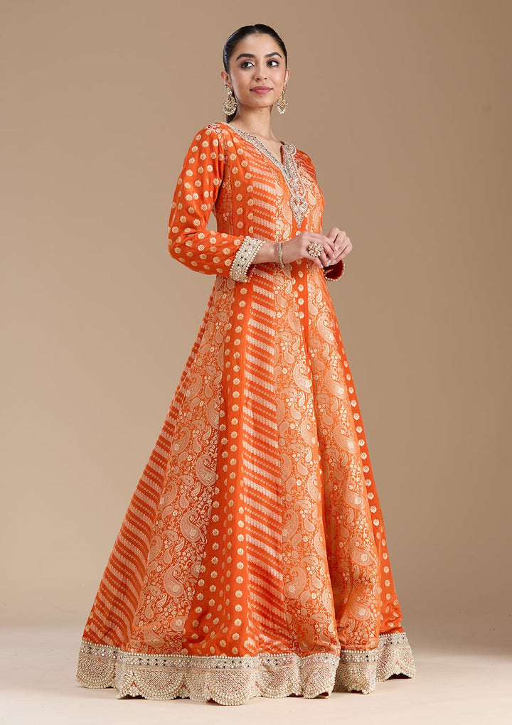 Orange Zariwork Brocade Readymade Salwar Suit-koskii