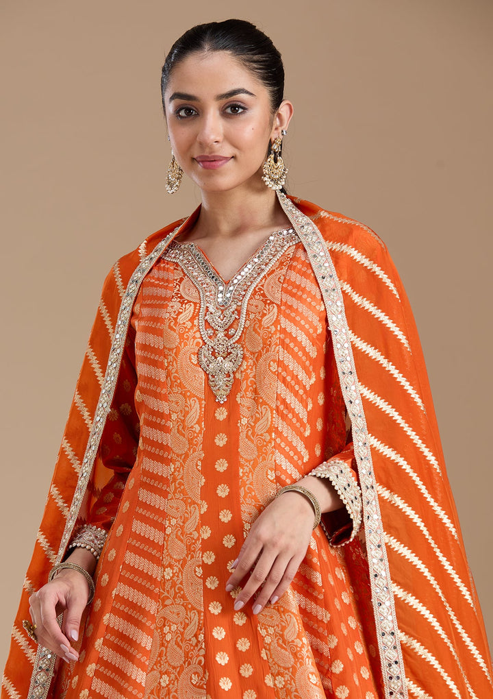 Orange Zariwork Brocade Readymade Salwar Suit-koskii