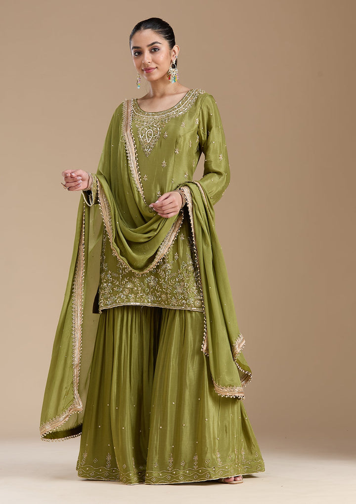 Mehendi Threadwork Satin Readymade Salwar Suit-koskii
