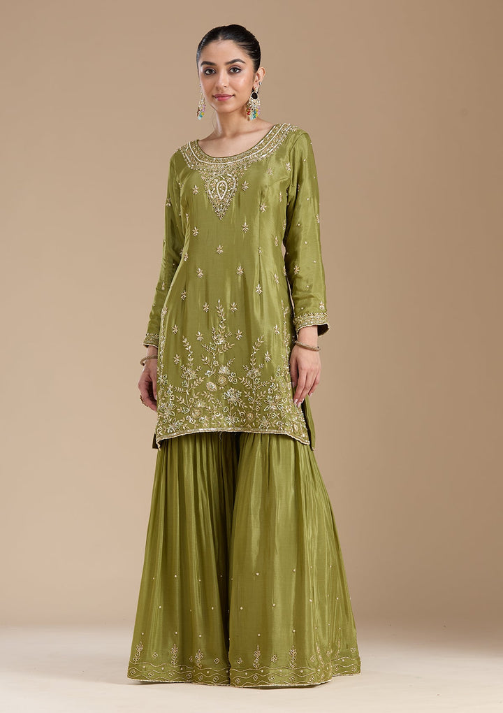 Mehendi Threadwork Satin Readymade Salwar Suit-koskii