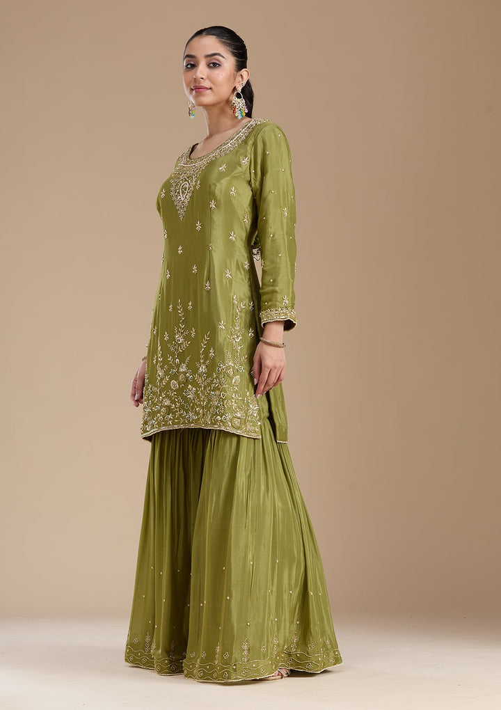 Mehendi Threadwork Satin Readymade Salwar Suit-koskii