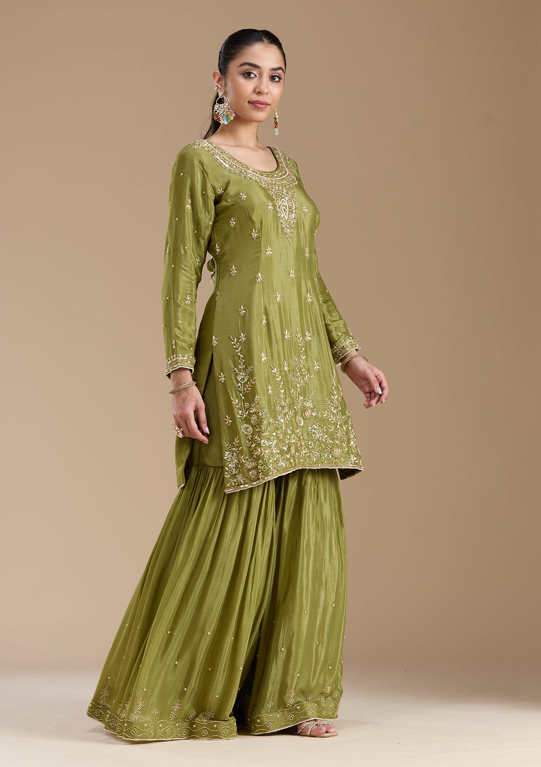 Mehendi Threadwork Satin Readymade Salwar Suit-koskii