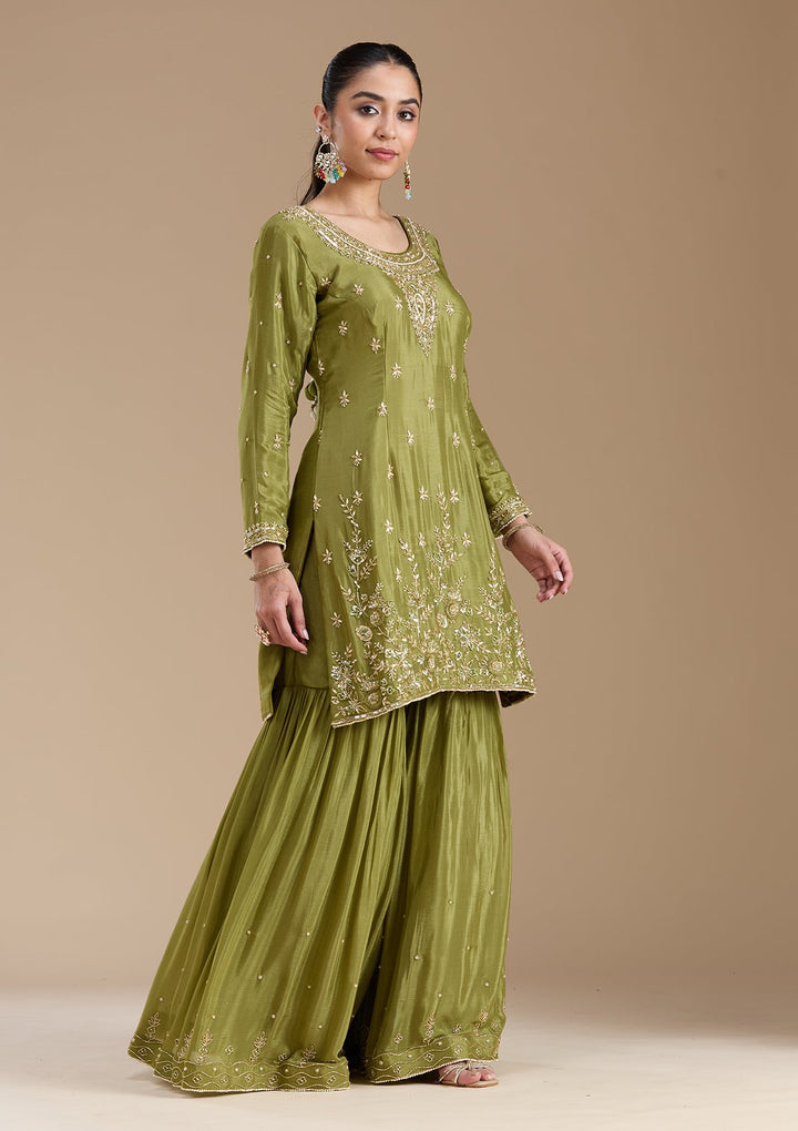 Mehendi Threadwork Satin Readymade Salwar Suit-koskii