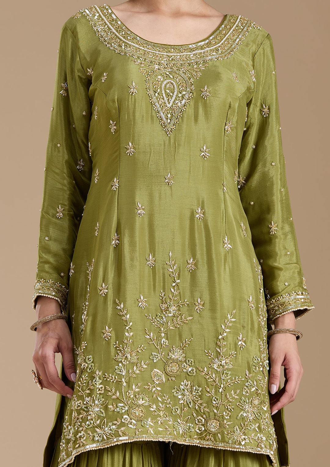 Mehendi Threadwork Satin Readymade Salwar Suit-koskii