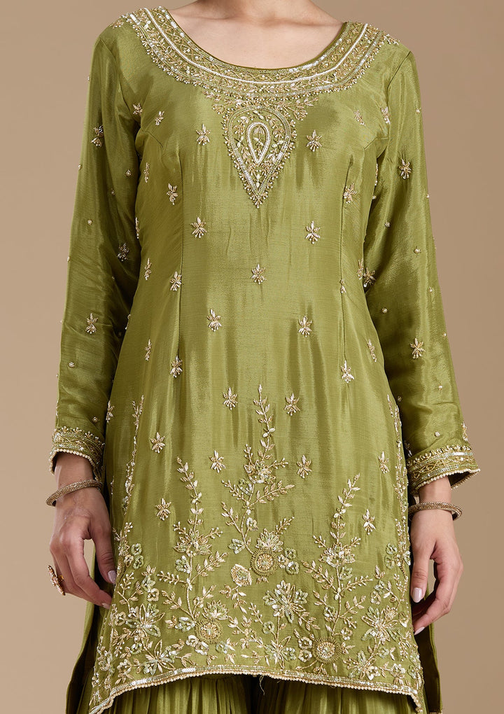 Mehendi Threadwork Satin Readymade Salwar Suit-koskii