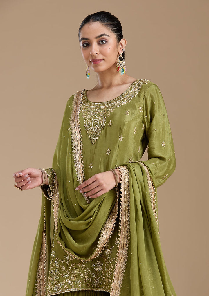 Mehendi Threadwork Satin Readymade Salwar Suit-koskii