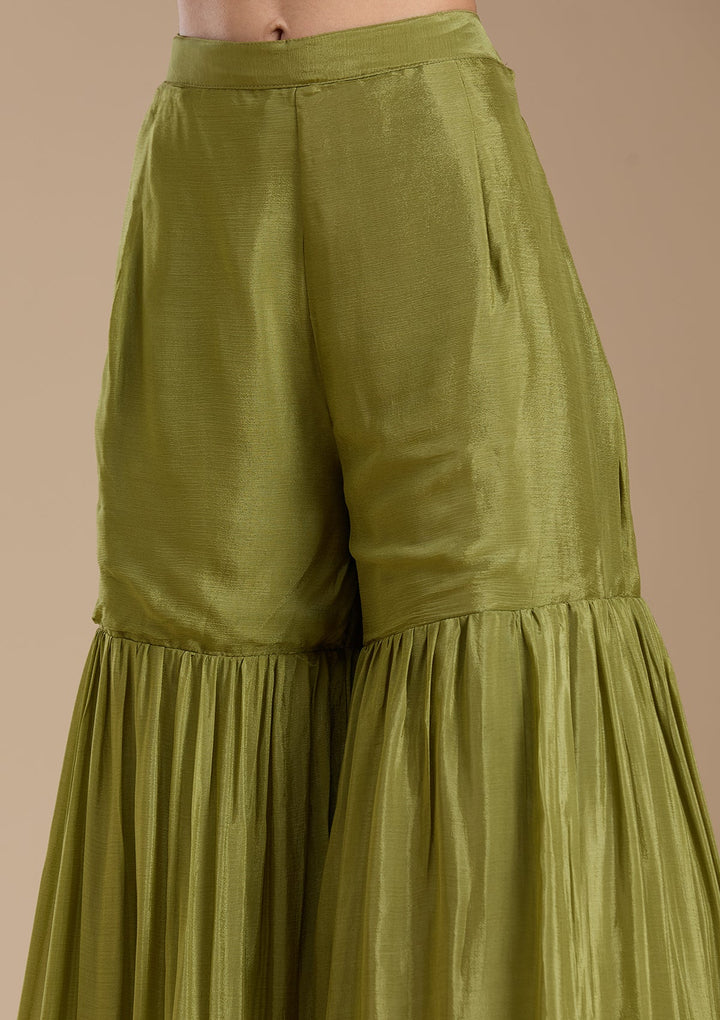 Mehendi Threadwork Satin Readymade Salwar Suit-koskii