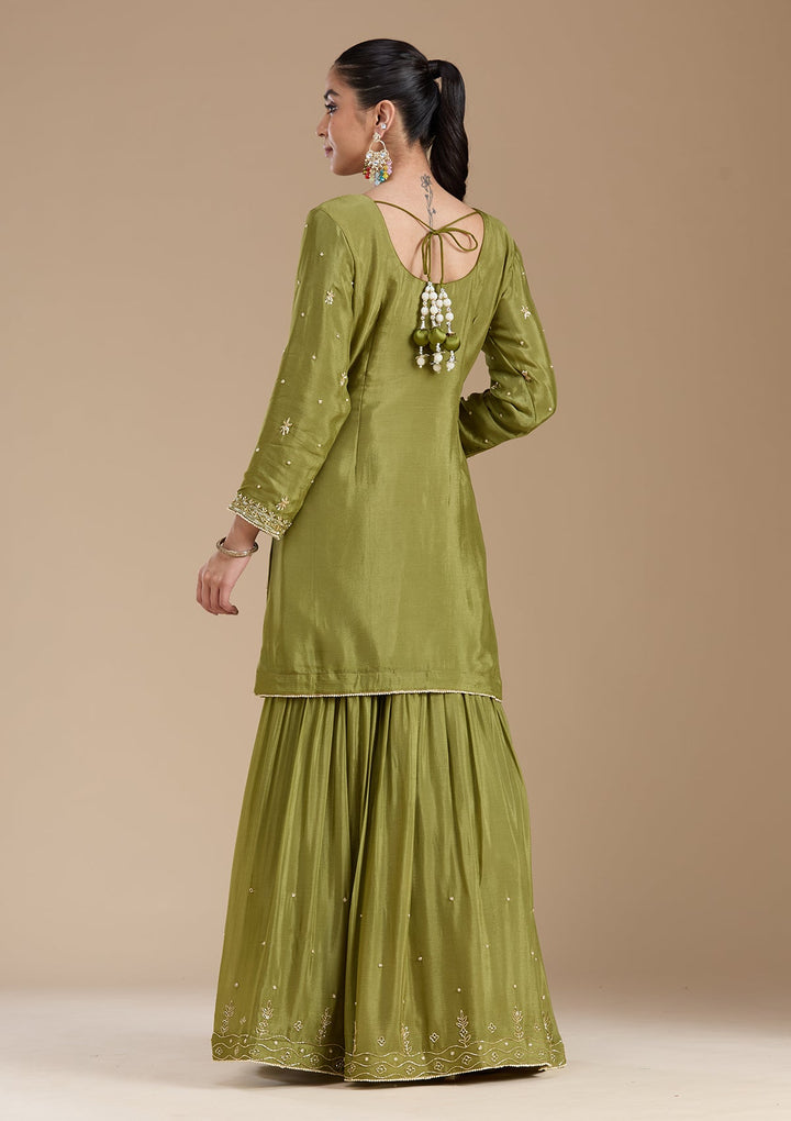 Mehendi Threadwork Satin Readymade Salwar Suit-koskii