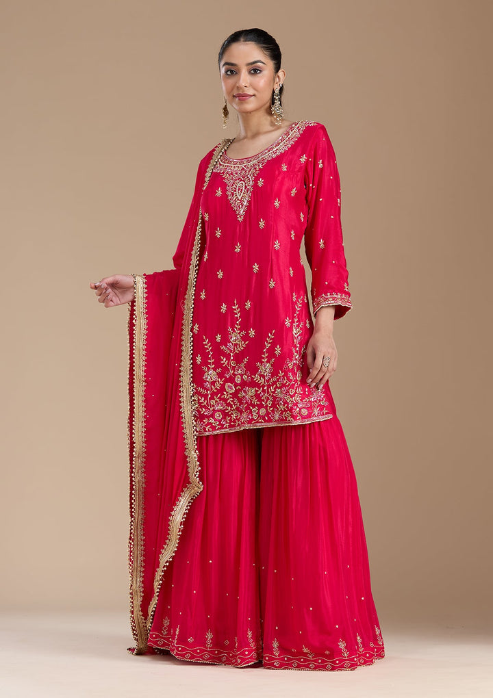 Rani Pink Threadwork Satin Readymade Salwar Suit-koskii