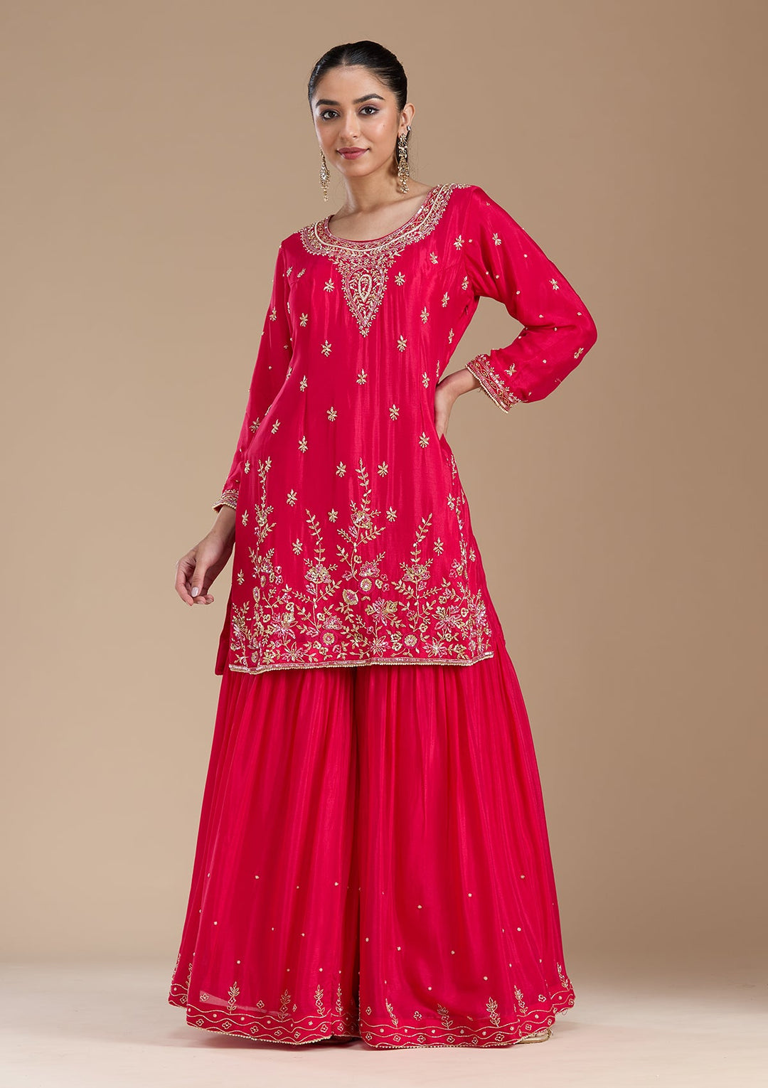 Rani Pink Threadwork Satin Readymade Salwar Suit-koskii