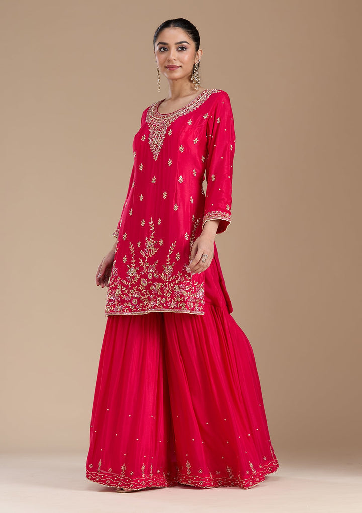 Rani Pink Threadwork Satin Readymade Salwar Suit-koskii