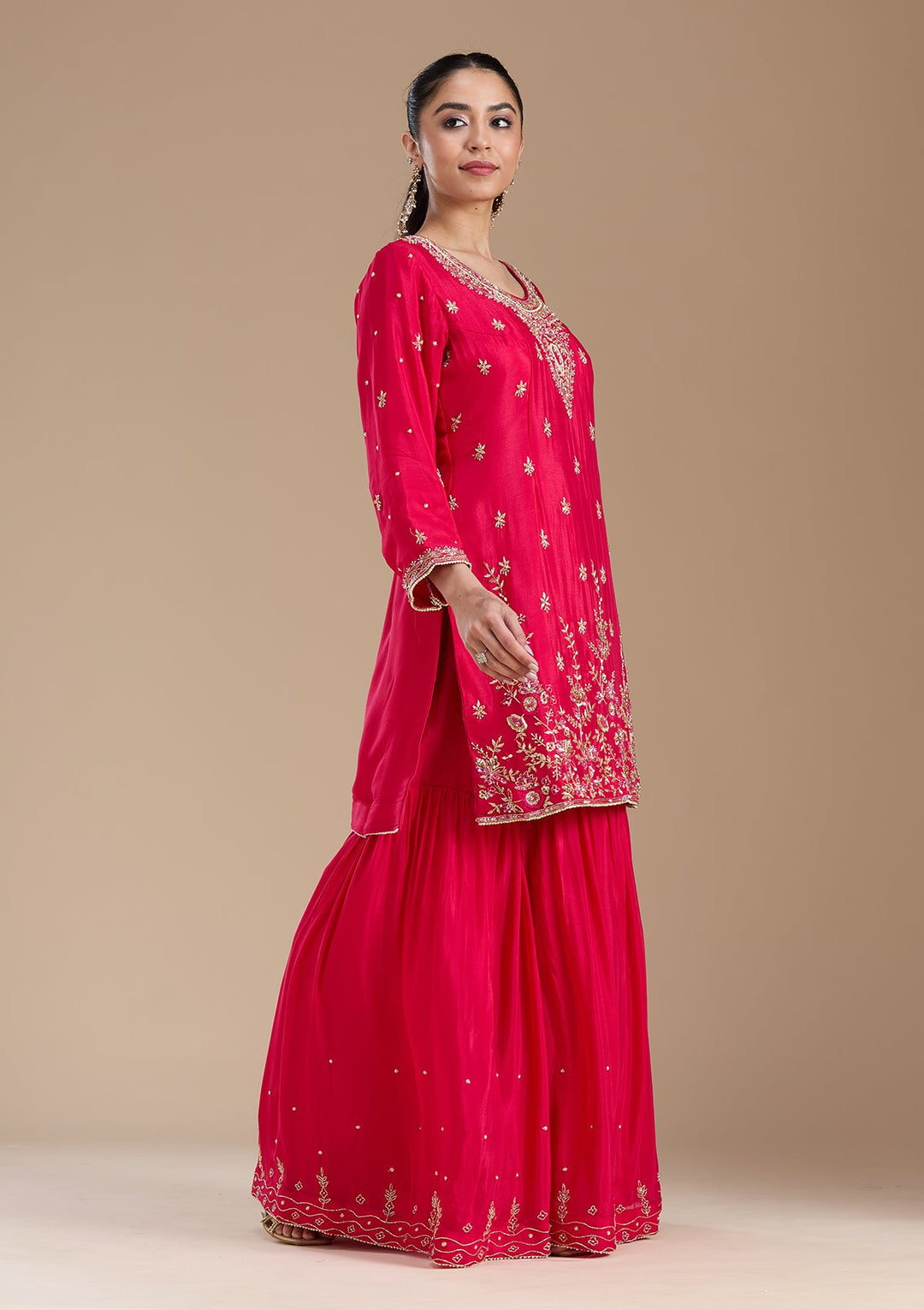 Rani Pink Threadwork Satin Readymade Salwar Suit-koskii