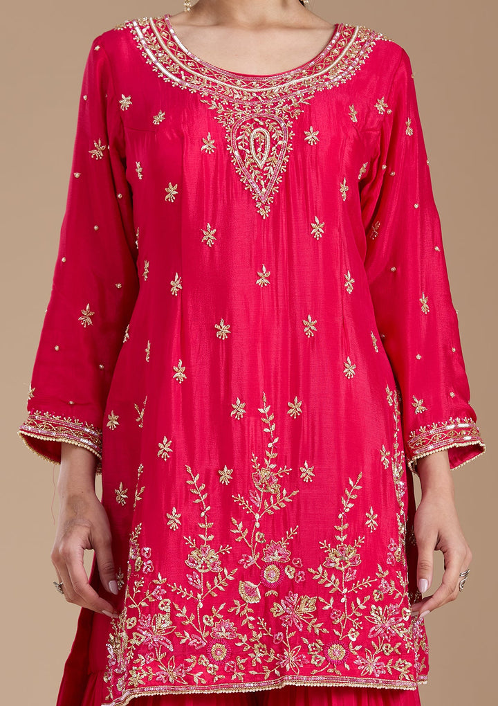 Rani Pink Threadwork Satin Readymade Salwar Suit-koskii