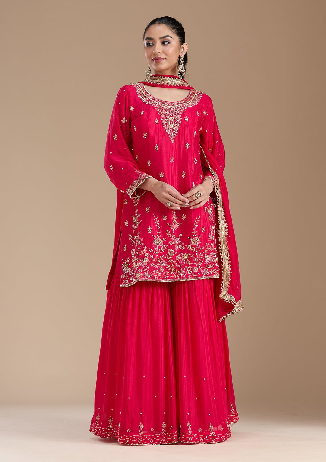 Rani Pink Threadwork Satin Readymade Salwar Suit-koskii